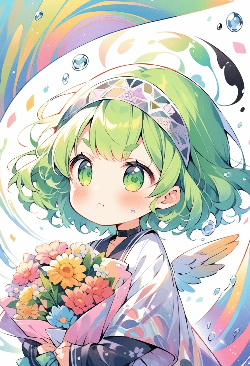 (loli:1.4),(little female child:1.4), cute face, 6 years old,kawaii, (highlight on eyes:1.1), small breast, (jiggly:0.8), shiny skin,(mini girl:1.5),
BREAK 
(green maro eyebrows:1.2), :<, (jitome:1.1),pouty and slightly grumpy,(medium green hair:1.3),pout,disgusted eyes, green eyes, puffy eyes,
BREAK
breathtalking Scenery, breathtalking Beauty, breathtalking Cute,scenery, (best quality, masterpiece:1.2), (ultra high quality:1.2),smooth soft skin, natural skin,watercolor,
BREAK
marbled patterns nun dress, (marbling botanical pattern veil),(marbling angel wings:1.2),marbling (angel halo:1.2),blush,choker,nun,excessive detailed collarbone,
BREAK 
(marbling:1.5), marbled patterns,(swirling colors:1.2), abstract art, ink on water, floating water drops,water effect, ink,  zentangle,fractal,entangle,swirl,floral pattern,
BREAK
flower bouquet, (digits behind bouquet:1.3), (hands behind bouquet:1.3),
(holding bouquet:1.1), celebration, Congratulations,confetti, bloom effect,dynamicangle,pastelcolor,upturned eyes,