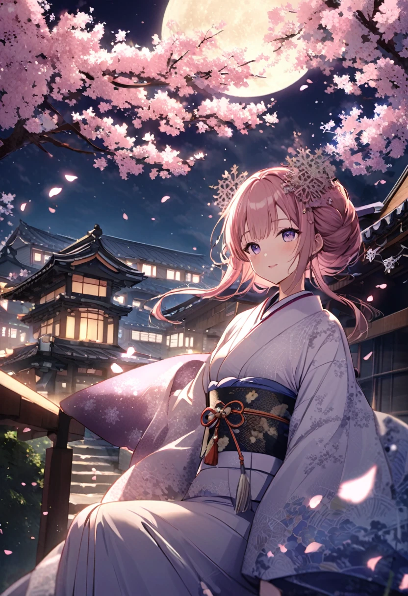 ニューヨークのA tranquil Kyoto night under a full moon, where cherry blossoms create a magical snowstorm of petals. Two maiko, dressed in exquisite traditional kimonos, walk gracefully through the ancient streets. The traditional architecture of Kyoto's temples and buildings silhouettes against the moonlit sky. The full-bloom cherry trees line the scene, their petals caught in the wind, swirling and falling like delicate pink snowflakes. The atmosphere is calm and mystical, with soft moonlight illuminating the petals and casting a gentle glow over the landscape. The maiko, with their intricate hairstyles and ornate hairpieces, add a touch of elegance to the serene night.
Skyline，Asahi Rayagrit&#39;style