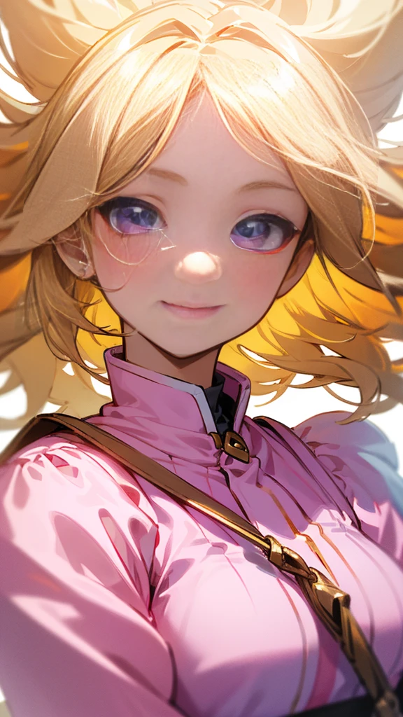 Highest quality、 masterpiece、Upper body close-up、Smiling woman、Windblown Blonde、Shining Eyes、Background of collective phobia、Light clothing、Pink clothes