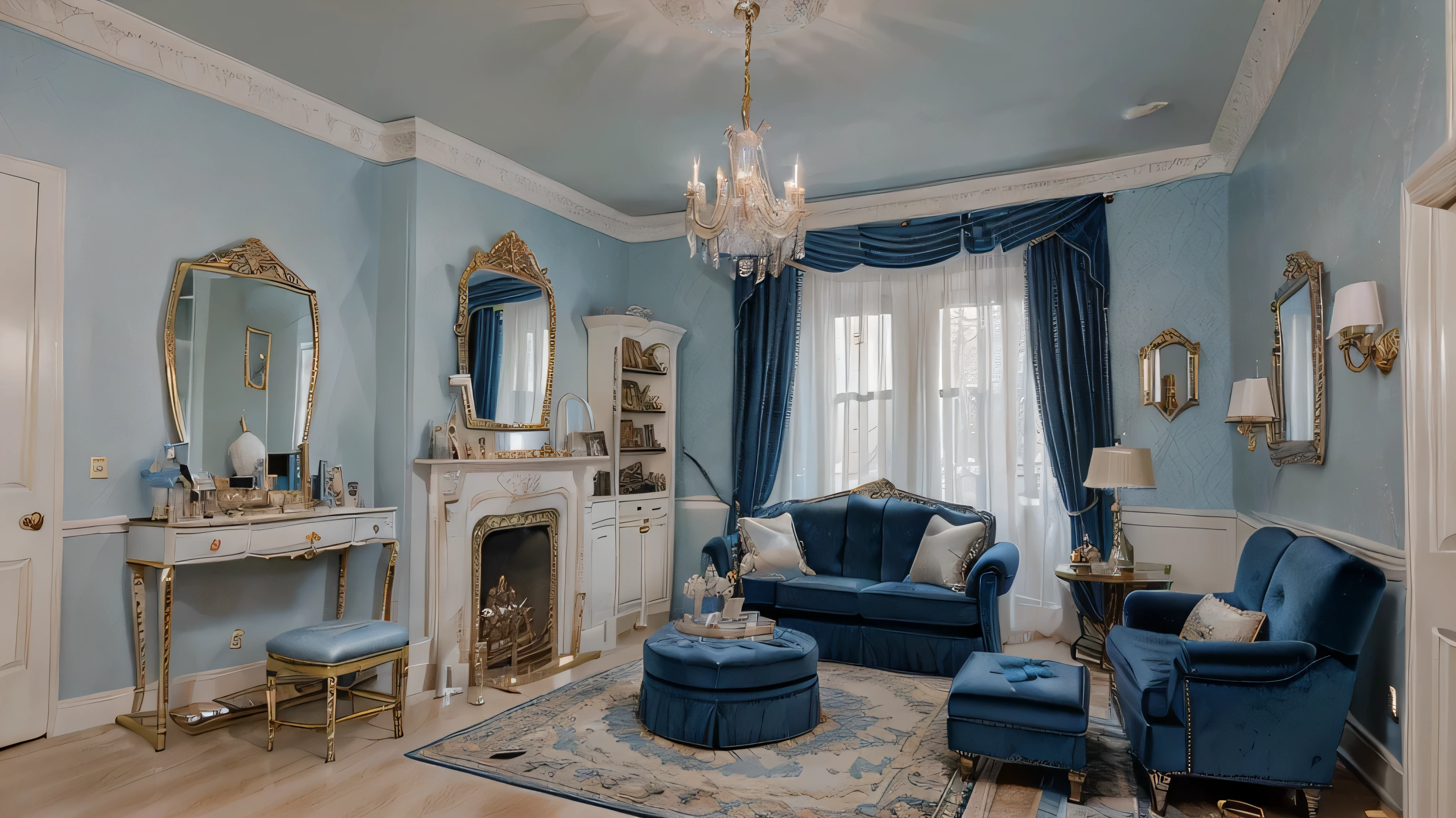 (Indoor),(super blue Cinderella'sRoom:1.4),(Modern and Sophisticated Furniture:1.2),(Plush Velvet Chair and Ottoman:1.4),(Elegant Curtains and Window Treatments:1.2),(Designer clothing:1.4),(Instagrammable corner for fashion photos:1.2),(Unique Framed Statement Mirror:1.4),
(fashion runway style rug:1.2),(customized closet with trendy clothes:1.2),(glamorous dressing table:1.2),(Fashion magazines:1.2),
(Kawaii decorations:1.4),(chic light fixture:1.4),(cozy and stylish bedding:1.4),(Makeup vanity:1.4),(A dedicated area for fashion accessories:1.3),(High-end accessories:1.2),(Fashion sketches and design books:1.2),(Plenty of storage for shoes and accessories:1.2),