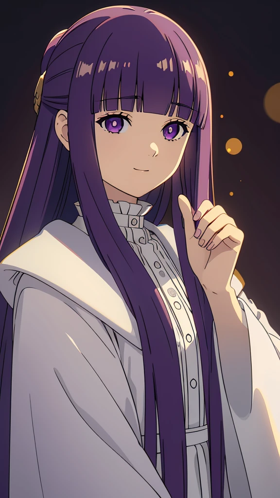 è²ä¼¦,1girl,solo,purple hair,long hair,purple eyes,blunt bangs,sidelocks,half updo,bright pupils, hair ornament,frilled collar,black robe,white dress,center frills,buttons,wide sleeves,long sleeves,curvy,cowboy shot,brown coat,from side,smile,, Exquisite visuals, high-definition,masterpiece,best quality,, 20yo,Young female,Beautiful Finger,Beautiful long legs,Beautiful body,Beautiful Nose,Beautiful character design, perfect eyes, perfect face,expressive eyes, looking at viewer, official art,extremely detailed CG unity 8k wallpaper, perfect lighting,Colorful, Bright_Front_face_Lighting,shiny skin, (masterpiece:1.0),(best_quality:1.0), ultra high res,4K,ultra-detailed, photography, 8K, HDR, highres, absurdres:1.2, Kodak portra 400, film grain, blurry background, bokeh:1.2, lens flare, (vibrant_color:1.2), (beautiful_face:1.5),(narrow_waist), 