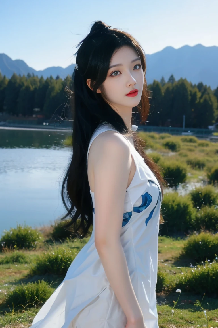 best quality, tmasterpiece,Ultra-high resolution,Clear face,（Reality：1.4），ferpect lighting，(upper body:1.5), full body, (photorealistic:1.50), anime wallpaper, Guviz style artwork, cover-up fantasy up to magic , by Yang J, Guviz, beautiful artwork illustration, beautiful digital artwork, beautiful digital illustration, Li Song, beautiful anime portrait, art style in Beauvot, 1girl, 独奏,cosplay, looking at the audience, 
long hair, black hair, hair bun, blue eyes, Chinese dress, 
outdoor, photo background, grassland, park, standing, night sky,