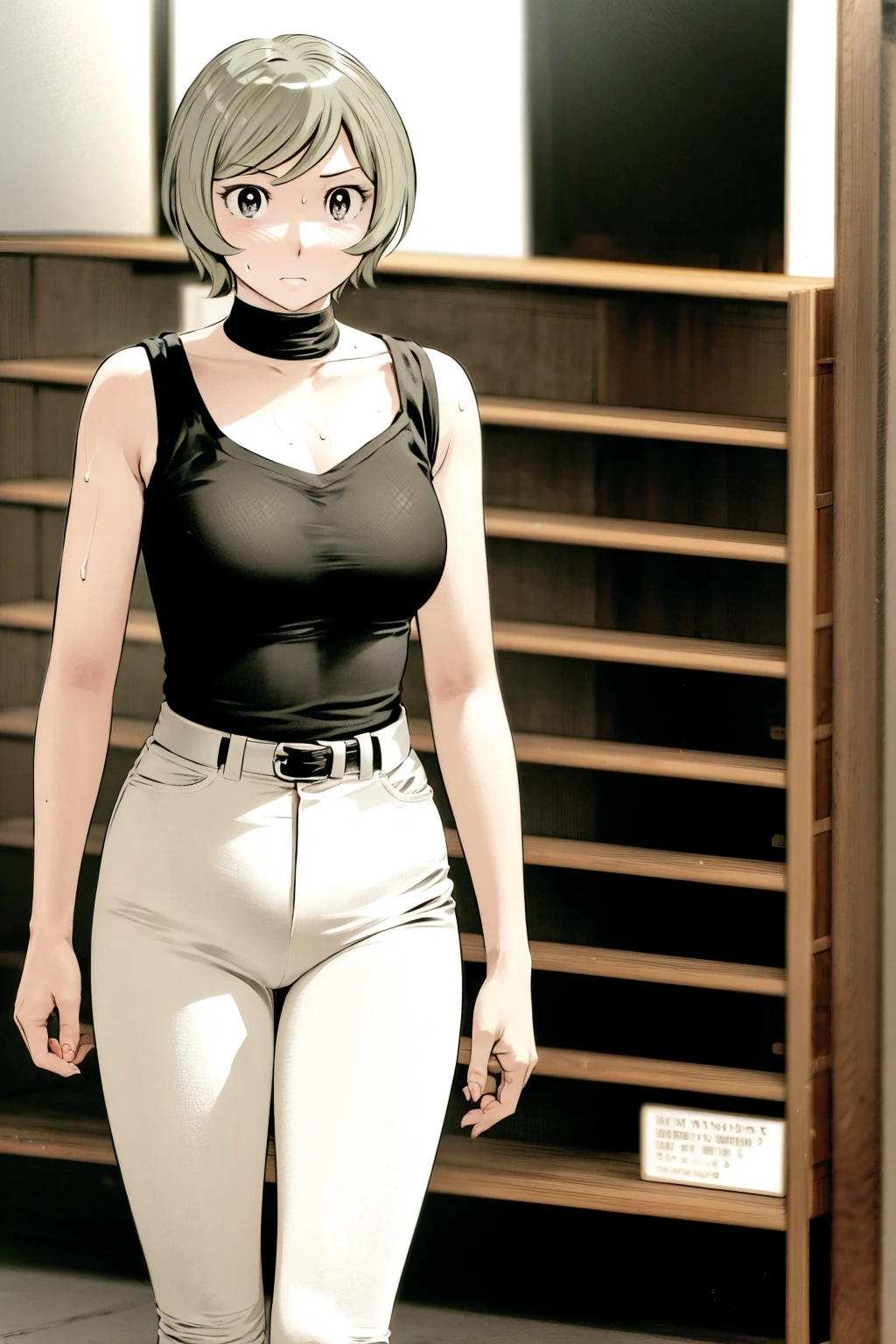 、(masterpiece、Highest quality)、Highest quality, Ultra-high resolution, (((masterpiece))), alone, Sweat、Big eyes,Tight black shirt、Tight white pants、belt、indoor、Composition from the front、(Cut the back hair short、short hair、blonde、woman)、Shortcuts、Embarrassed face、Cut your hair short、可愛いwomanの子、Big Breasts、office
