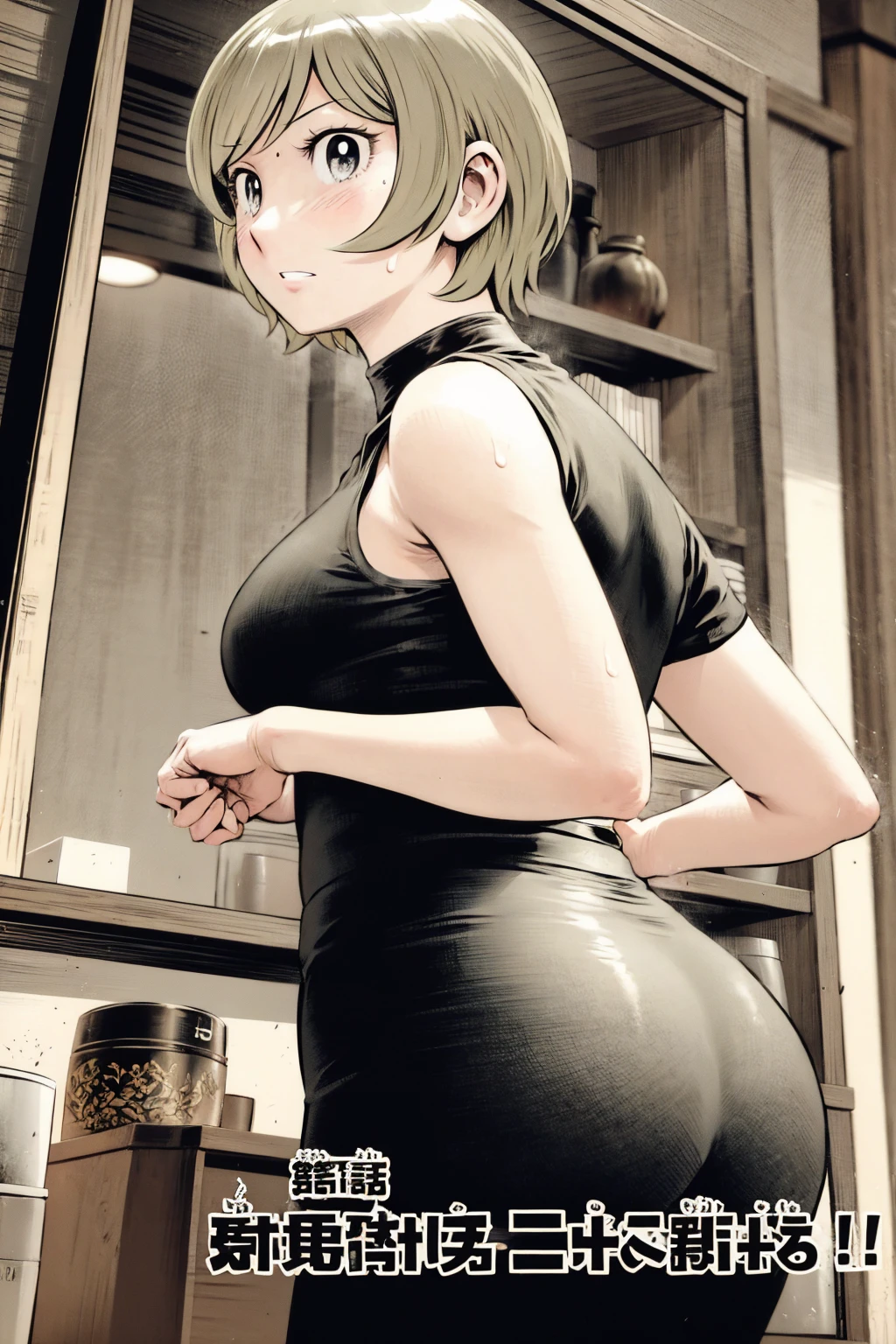 、(masterpiece、Highest quality)、Highest quality, Ultra-high resolution, (((masterpiece))), alone, Sweat、Big eyes,Tight black shirt、Tight white pants、belt、indoor、Composition from the front、(Cut the back hair short、short hair、blonde、woman)、Shortcuts、Embarrassed face、Cut your hair short、可愛いwomanの子、Big Breasts、office