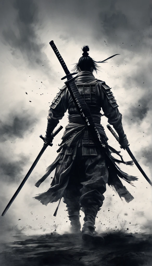 Black and white painting,Ink Painting,splash,Mamba Hair,seppuku,Create a hyper-realistic and cool image of Miyamoto Musashi using his two-sword technique (Katana and Wakizashi). Musashi is in a dynamic battle stance, showcasing his mastery of Niten Ichi-ryu. He wears traditional samurai armor, and the background is a dramatic battlefield with smoky skies, emphasizing the historical context. Highlight his intense focus and determination, capturing the essence of a formidable warrior. Use strong light and shadow contrasts to enhance the dynamic feel of the image.