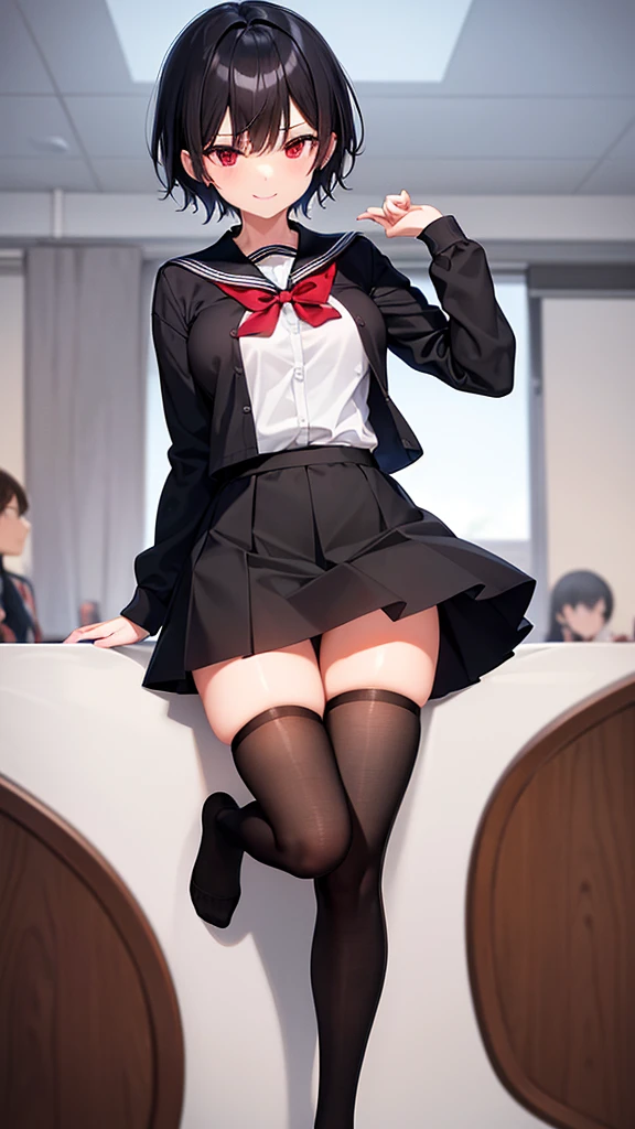 ( Absurd , high quality , Super detailed, Watch your hands,Pay attention to the shape of your legs )Black short hair,Red eyes,Small breasts,Long sleeve black sailor suit,Skirt length up to the knees,high school girl,In a school classroom,smile,Socks are above the knee,Black socks