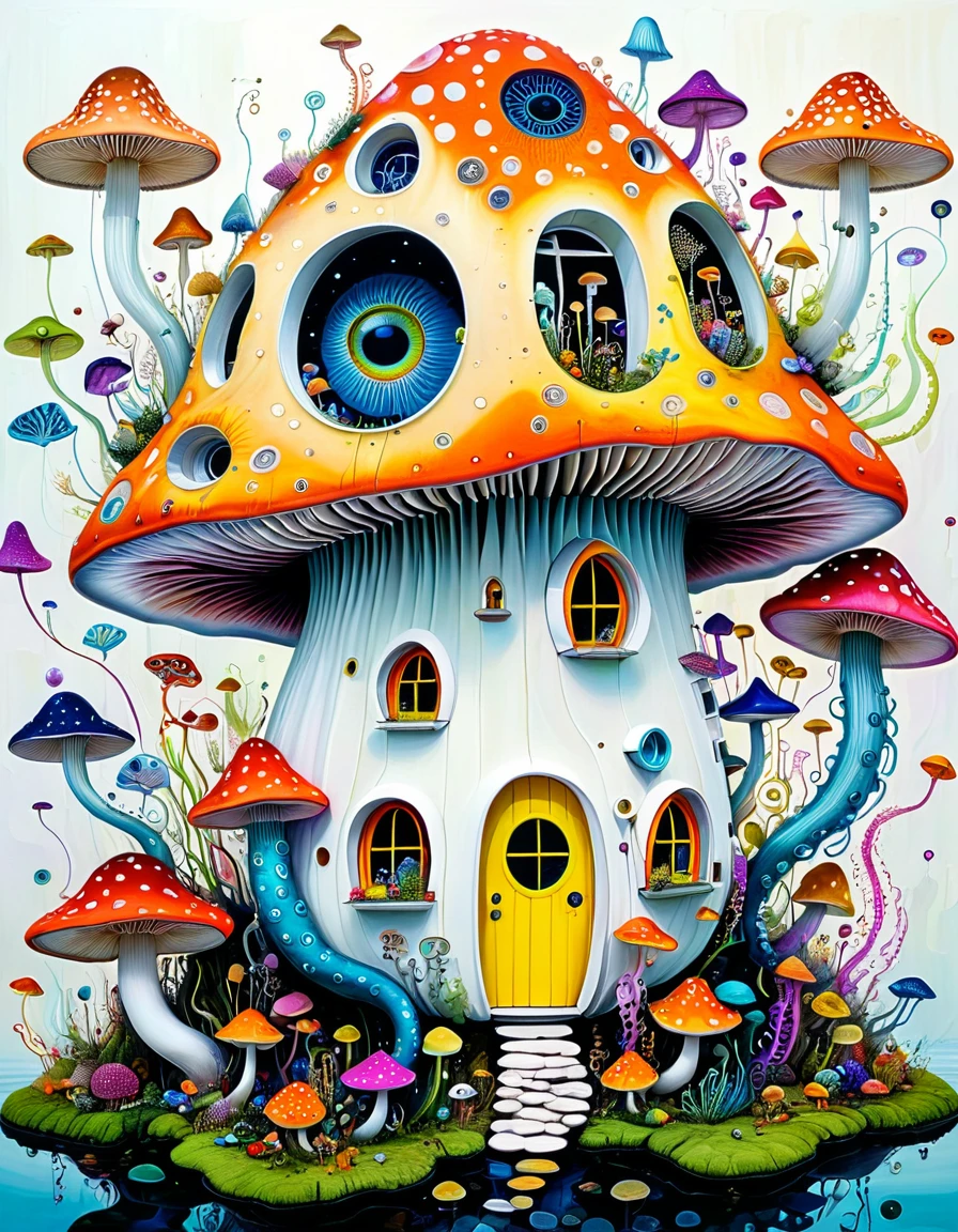 &quot;Dick Ellescas Artist Style&quot;,Movable mushroom house，fish，Tentacles，Eye、diatom，Stitching together an abstract painting，Describing the inner world of autistic people，Sense of space，White Space，interesting，Innocence，Psychedelic Art，Fluorescent theme