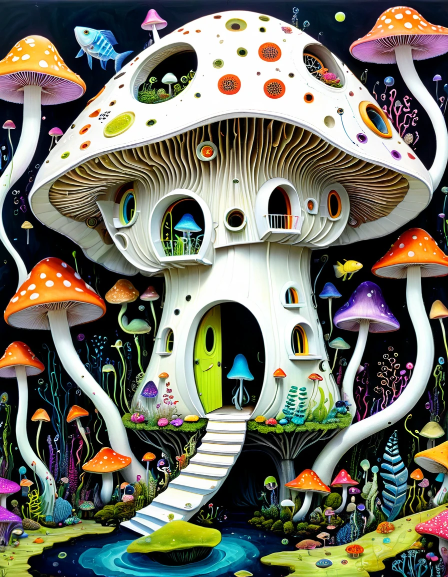 "Dick Ellescas Artist Style",Movable mushroom house,fish,Tentacles,Eye、diatom,Stitching together an abstract painting,Describing the inner world of autistic people,Sense of space,White Space,interesting,Innocence,Psychedelic Art,Fluorescent theme