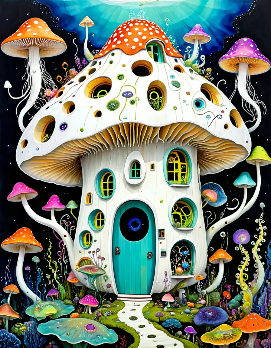 "Dick Ellescas Artist Style",Movable mushroom house,fish,Tentacles,Eye、diatom,Stitching together an abstract painting,Describing the inner world of autistic people,Sense of space,White Space,interesting,Innocence,Psychedelic Art,Fluorescent theme