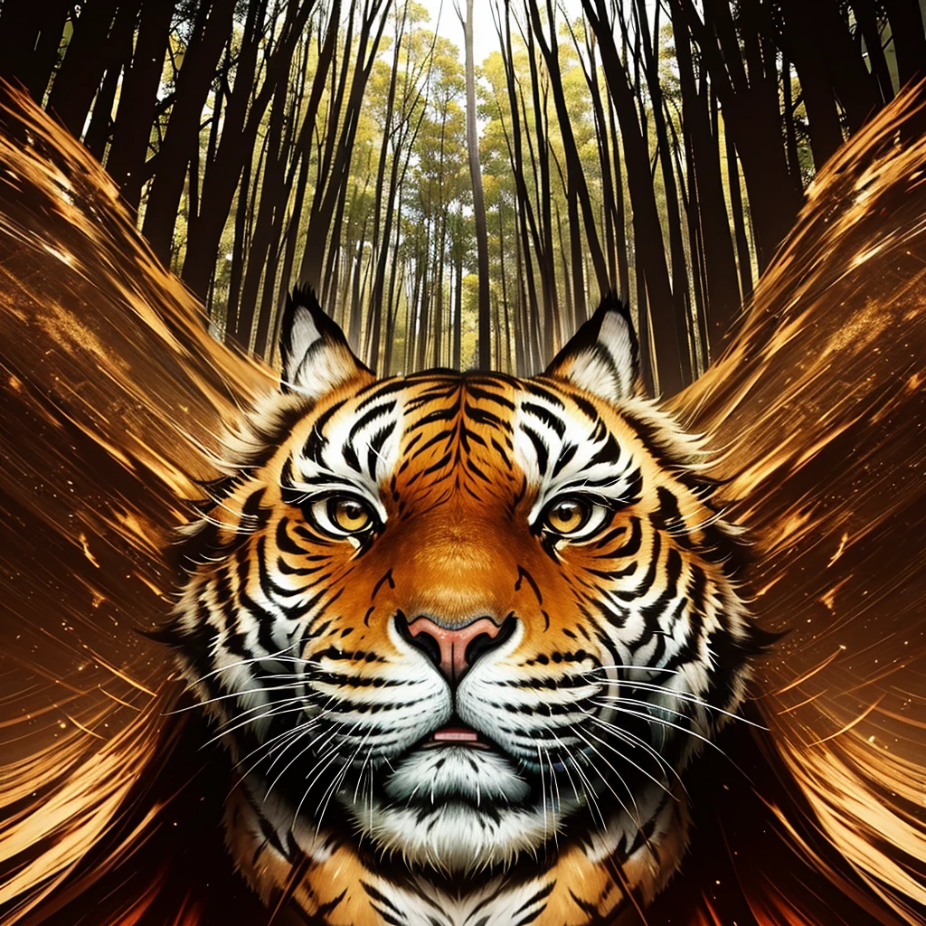 REALISTIC,Various angles of tiger roaring,After unlimited exposure,Overlapping tiger heads form multiple translucent afterimages,Positive view,Secret Forest Land