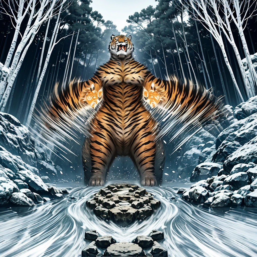 REALISTIC，Various angles of tiger roaring，After unlimited exposure，Overlapping tiger heads form multiple translucent afterimages，Positive view，Secret Forest Land