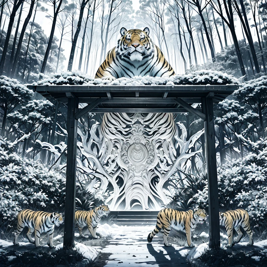 REALISTIC,Various angles of tiger roaring,After unlimited exposure,Overlapping tiger heads form multiple translucent afterimages,Positive view,Secret Forest Land