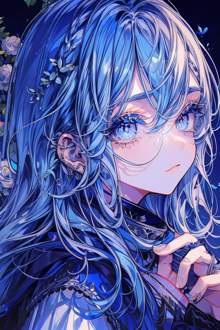 (masterpiece), (Highest quality), Very detailed, 1 boy, Solo Shooting, Perfect Face, Beautiful Face, Very detailed顔,(Light blue hair:1.3),(Big eyes:1.4),(Long eyelashes:1.4)、(Bright Blue Eyes:1.3)、Lots of flowers