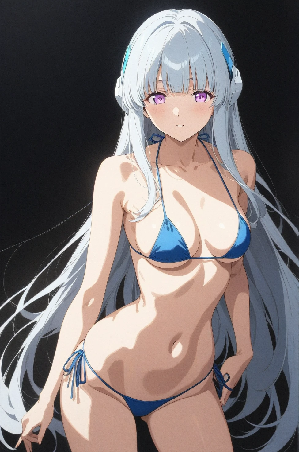 best quality, amazing quality, very aesthetic, (ultra-detailed), (1girl, noa, blue archive, solo, purpel eyes), (realistic face:0.9),(string bikini:1.8), (glare, blush, thigh:1.3), (cowboy shot), (glowing eyes), (half closed eyes:0.9), (nipple), (official art:1.3), (pool), expressive eyes, perfect face, extremely detailed eyes, perfect anatomy, smooth skin, (black background:1.5), clear eyes, beautiful face, medium big breasts, (anime style:1.7), (Warm Light:1.5), (highres:2), (Chiaroscuro),
