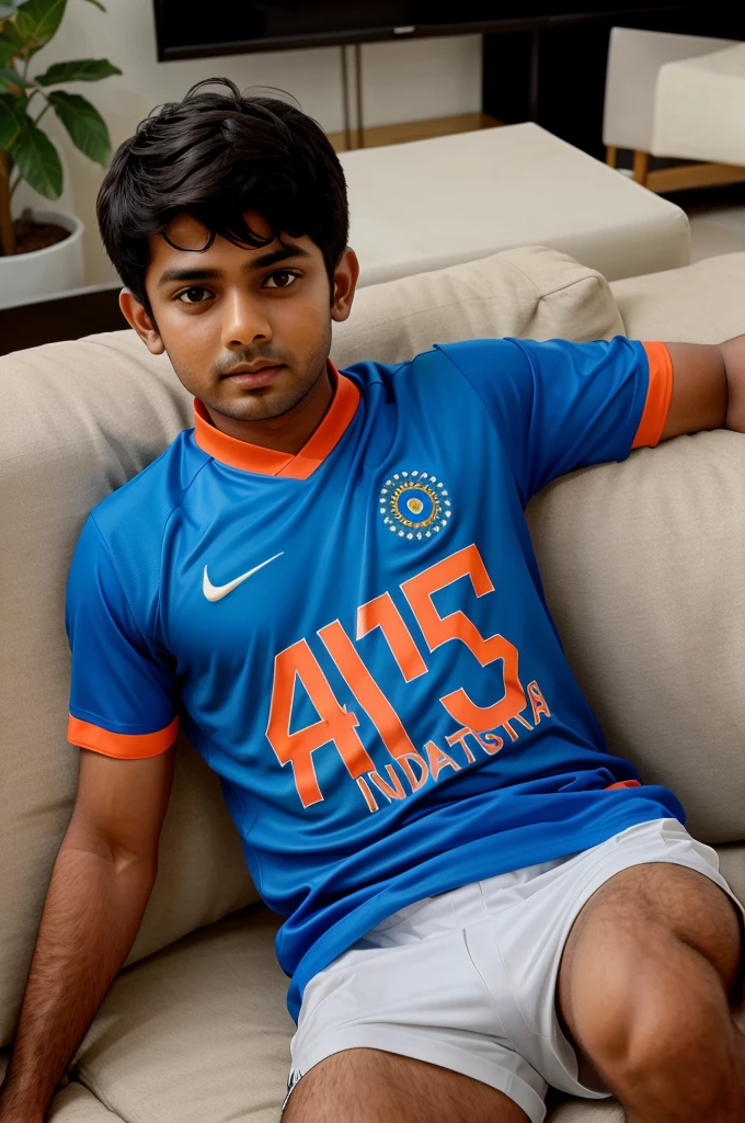 Create a image of boy watching TV sitting on sofa wearing Indian cricket team jersey with the no of 45 on jersey