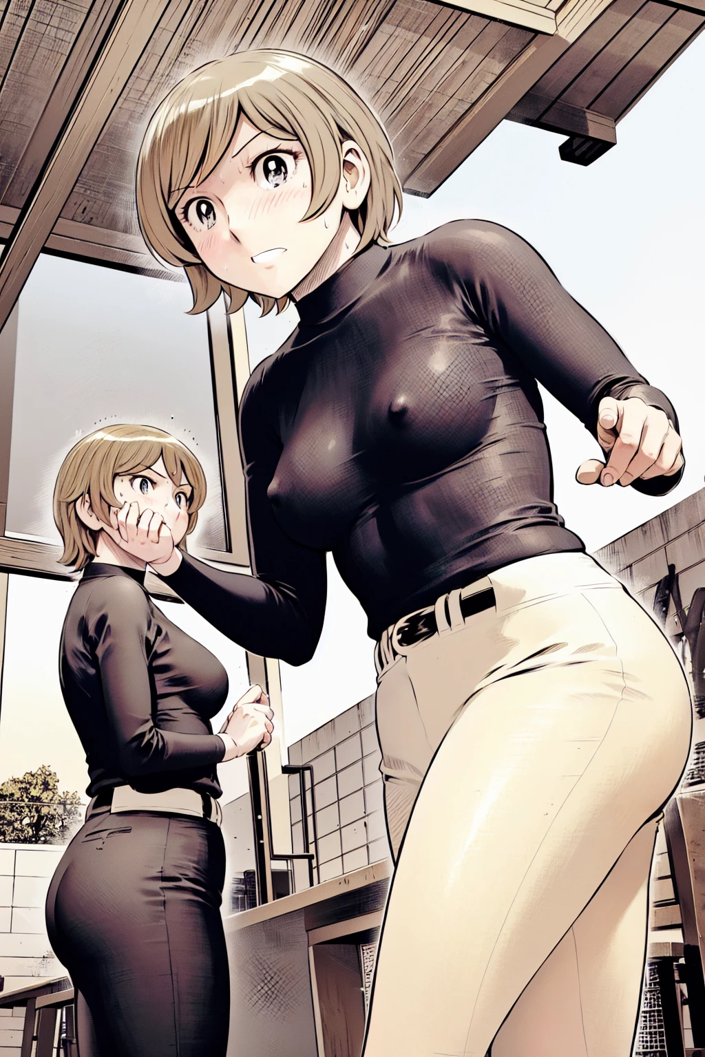 (野球uniform:1.2),
blonde, (short hair:1.2),Long sleeve, Black Shirt, turtleneck,White trousers、uniform、Black belt、((People illustrations))、big 、
View your audience,, (Highest quality:1.3),One Girl, White pants、uniform、Outdoor、baseball ground、ground、soil、blue eyes、Tight black shirt、(masterpiece、Highest quality)、Highest quality, Ultra-high resolution, (((masterpiece))), alone, Sweat、big eyes、big Breasts、Torn clothes、 Fully exposed、Nipples、One Girl, Front view、Embarrassed face、Bronze colored hair、((short hair))、Stand up straight、Cowboy Shot