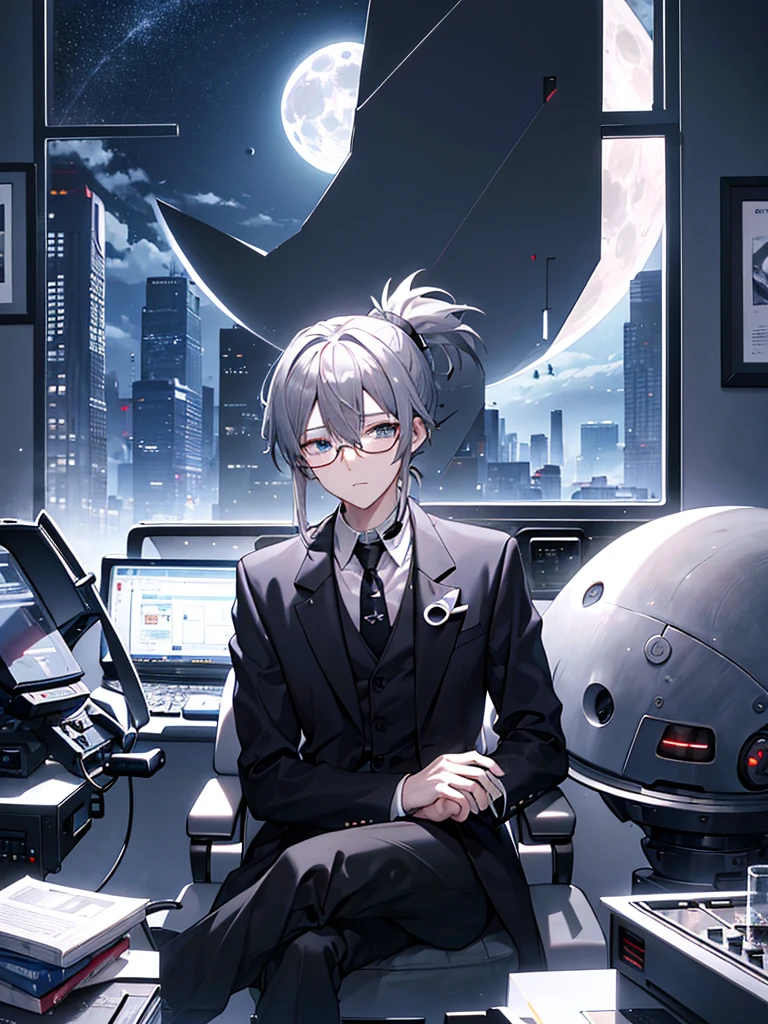 (Mastepiece)(High definition)20-year-old male、Gray Hair、ponytail、hat、Tuxedo、tie、Wearing black-rimmed glasses、Sitting、background(A science fiction-like electronic world、A space that feels like the inside of a machine、Virtual space、Near future、I can see the full moon outside my window)