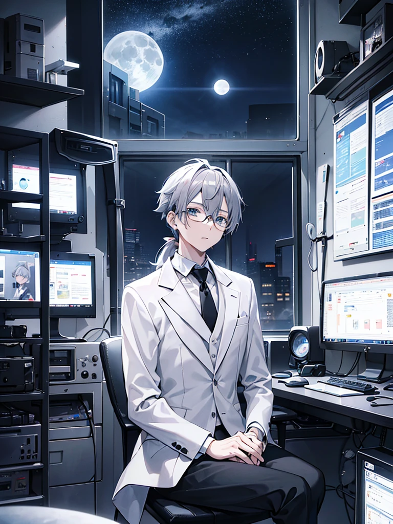 (Mastepiece)(High definition)20-year-old male、Gray Hair、ponytail、hat、Tuxedo、tie、Wearing black-rimmed glasses、Sitting、background(A science fiction-like electronic world、A space that feels like the inside of a machine、Virtual space、Near future、I can see the full moon outside my window)