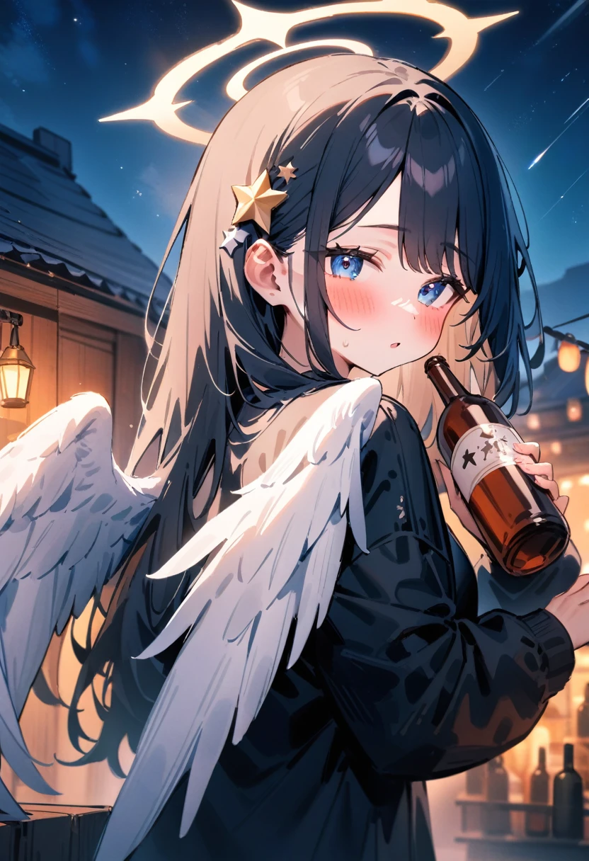 masterpiece, best quality, very aesthetic, absurdres, newest, 1girl, asymmetrical bangs, tareme, long hair, looking at viewer, blush, bangs, blue eyes, black hair, hair ornament, long sleeves, holding, , upper body, outdoors, wings, sky, looking back, star \(symbol\), halo, bottle, alcohol, star \(sky\), feathered wings, starry sky, angel wings, white wings, angel, holding bottle