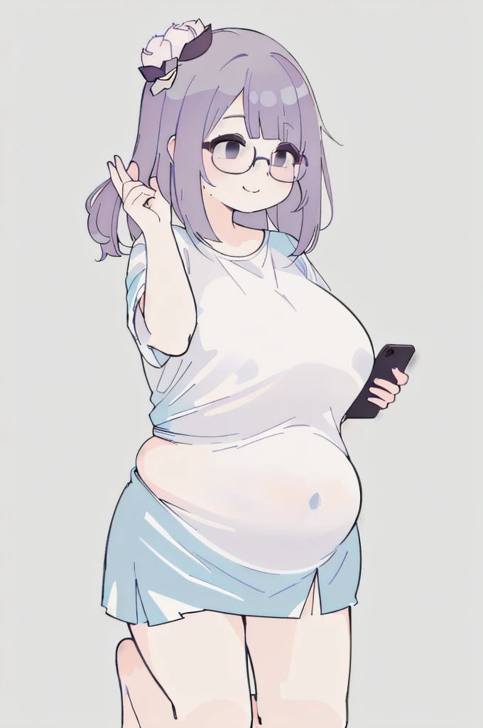 A woman wearing a short skirt is holding a cell phone, Tsk tsk, She has a jiggly, fat, round belly, , brother, big tummy, her belly is fat and round, Fat Chan, thick body, Tsk tsk build, (SFW) safe for work, brother proportions, Short full-length portrait!,,(big bust:1.5), (Black eyes with a slight purple tint:1.5), (Very white and long hair with a bluish tint, weak perm:1.5), (white sleeves wrapped around arms, oversized white shirt, oversized white shirt:1.5), (bare foot, round-rimmed glasses:1.5), (Belly Fat, muffin top, plump:1.5), (smiling faintly:1.5),