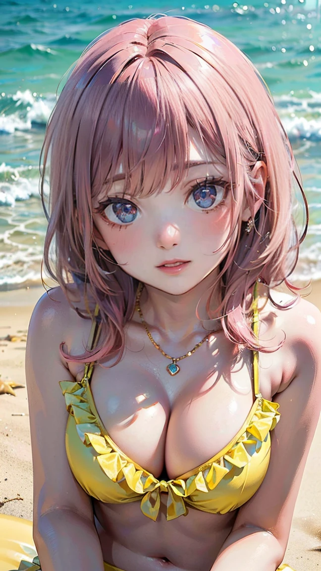(Masterpiece, BestQuality:1.3), (ultra detailed:1.2), (hyperrealistic:1.3), (RAW photo:1.2), High detail RAW color photo, professional photograph, (Photorealistic:1.4), (realistic:1.4), professional lighting, perfect ???????, (???????????:1.2), (blush, detailed face), (cheerful Smile:1.5), (Pink Hair:1.5), Trending Hair&Trending Hairカラーをランダムに, earrings, necklace, bracelet, sexly, ?????? sexly, Random ???? gravure poses, (A beautiful woman wearing a yellow frilly ??????、Smiling cutely on the beach while holding a sea creature float。Wearing colorful anklets。:1.3)