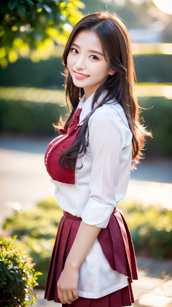 (best quality), ((8k, raw, masterpiece: 1.5)), ((professional photography, sharp: 1.2), ((half body photoshoot)), perfect dynamic composition, (natural sun light), (soft shadow), (1 girl), black medium curly hair, Ultra-detailed faces and skin, perfect Asian, gorgeous, White skin, (Delicate skin:1.4), (latex skin:0.4), (perfect glowing skin:0.3), (huge round breast: 1.35), light brown eyes, beautiful eyes, round eyes, pretty face, blush, glossy lips, plump lips, high nose bridge, glossy eyes, Really moist skin, (((huge smile))), looking at camera, (((wear red school uniform)))