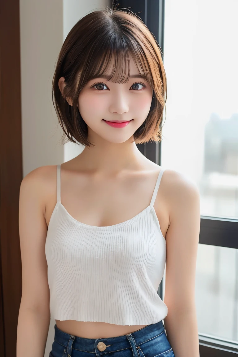 Highest quality, (beautiful)、Super delicate eyes、Brown eyes、22-year-old female、Brown Hair、looking at the camera、Semi-short hair、camisole、Soft Breasts、smile、Shorts、Gal