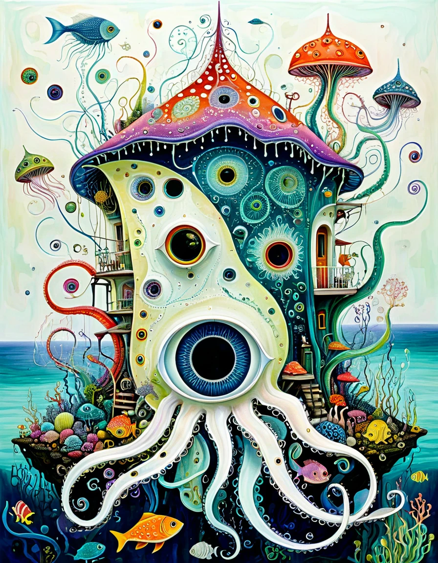 &quot;Dick Ellescas Artist Style&quot;,A strange house on a calm sea，fish，，Tentacles，Eye、diatom，Stitching together an abstract painting，Describing the inner world of autistic people，Sense of space，White Space，interesting，Innocence，Psychedelic Art，theme