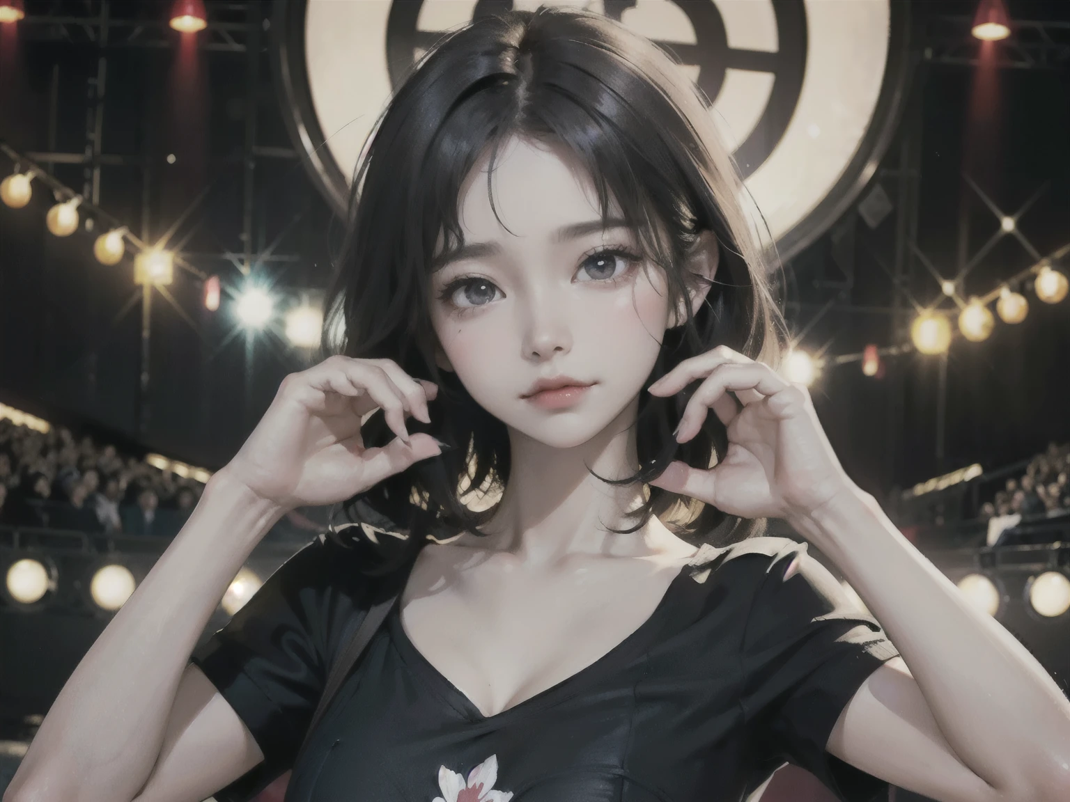 ((Best of the highest quality, 8k, Masterpiece, raw photo: 1.1)), (Sharp focus: 1.1), (1 AESPA, slim body type female, 22 y/o: 1.1), solo, Portrait Waist Up, (realistic, photo-realistic:1.37), face focus, finely small eyes, (forehead, short wavy hair: 1.28), (sharp chin, droopy eyes, sad face: 1.32), (Emphasize prominent aegyo-sal with bright: 1.28), shimmering eyeshadow applied under the lower lash line, paired with thick, (small breasts, flat chest: 1.2), T-shirt, walking on stage, microphone, flower,