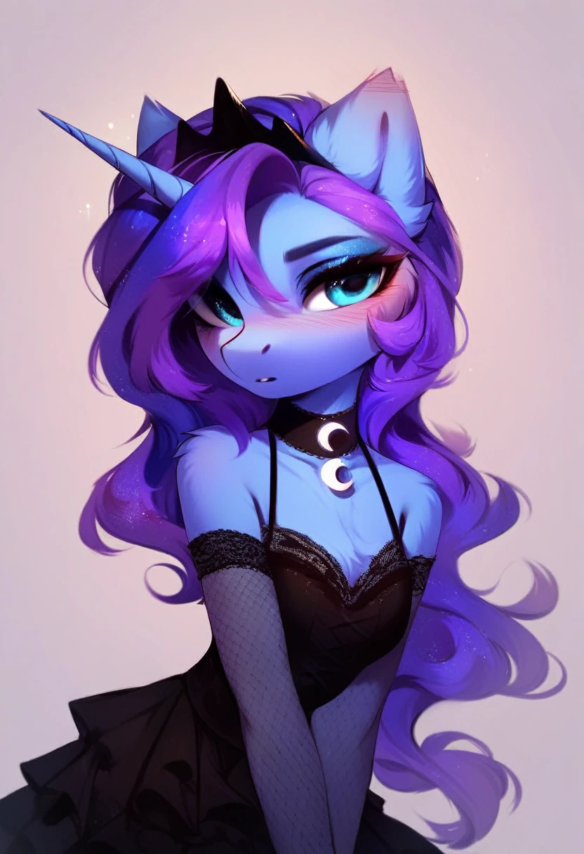 check_9, check_8_up, check_7_up, source_fluffy, rating_safe, from Magnaluna, Luna poses seductively in a gothic bedroom, antro, blushing, blue body, purple mane, black lingerie skirt