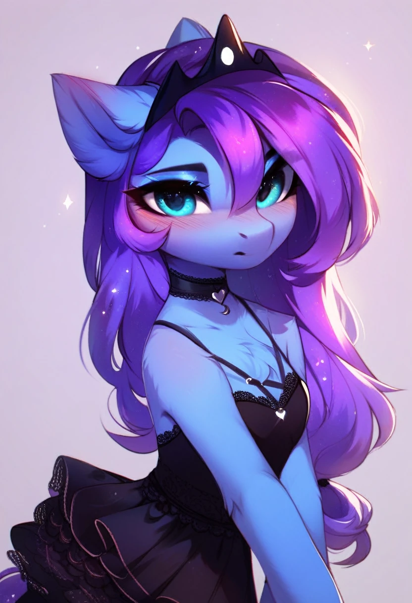 check_9, check_8_up, check_7_up, source_fluffy, rating_safe, from Magnaluna, Luna poses seductively in a gothic bedroom, antro, blushing, blue body, purple mane, black lingerie skirt 