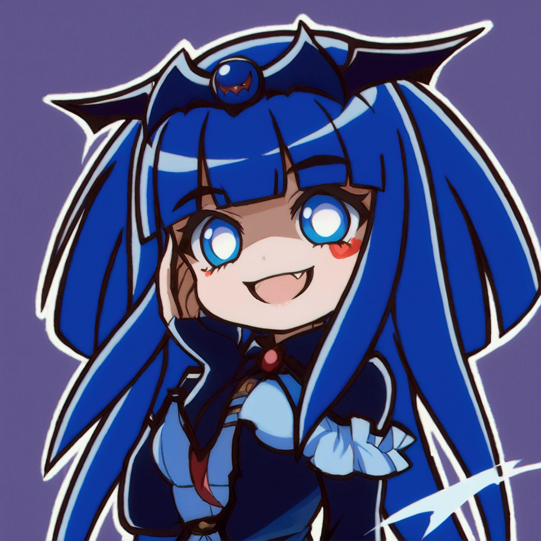 Close-up of a cartoon character with blue hair and blue outfit, anime moe artstyle, 2D anime style, [[[[grinning evilly]]]], , cel - shaded art style, I&#39;ll do fanart too, nasty grin, hero 2d fanart art, chibi, vampire