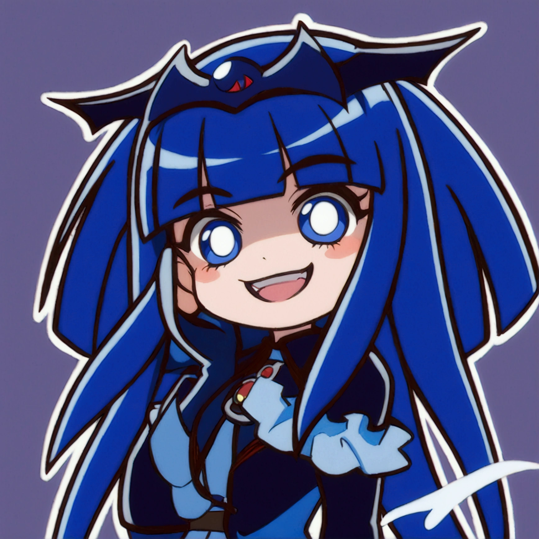 Close-up of a cartoon character with blue hair and blue outfit, anime moe artstyle, 2D anime style, [[[[grinning evilly]]]], , cel - shaded art style, I&#39;ll do fanart too, nasty grin, hero 2d fanart art, chibi, vampire