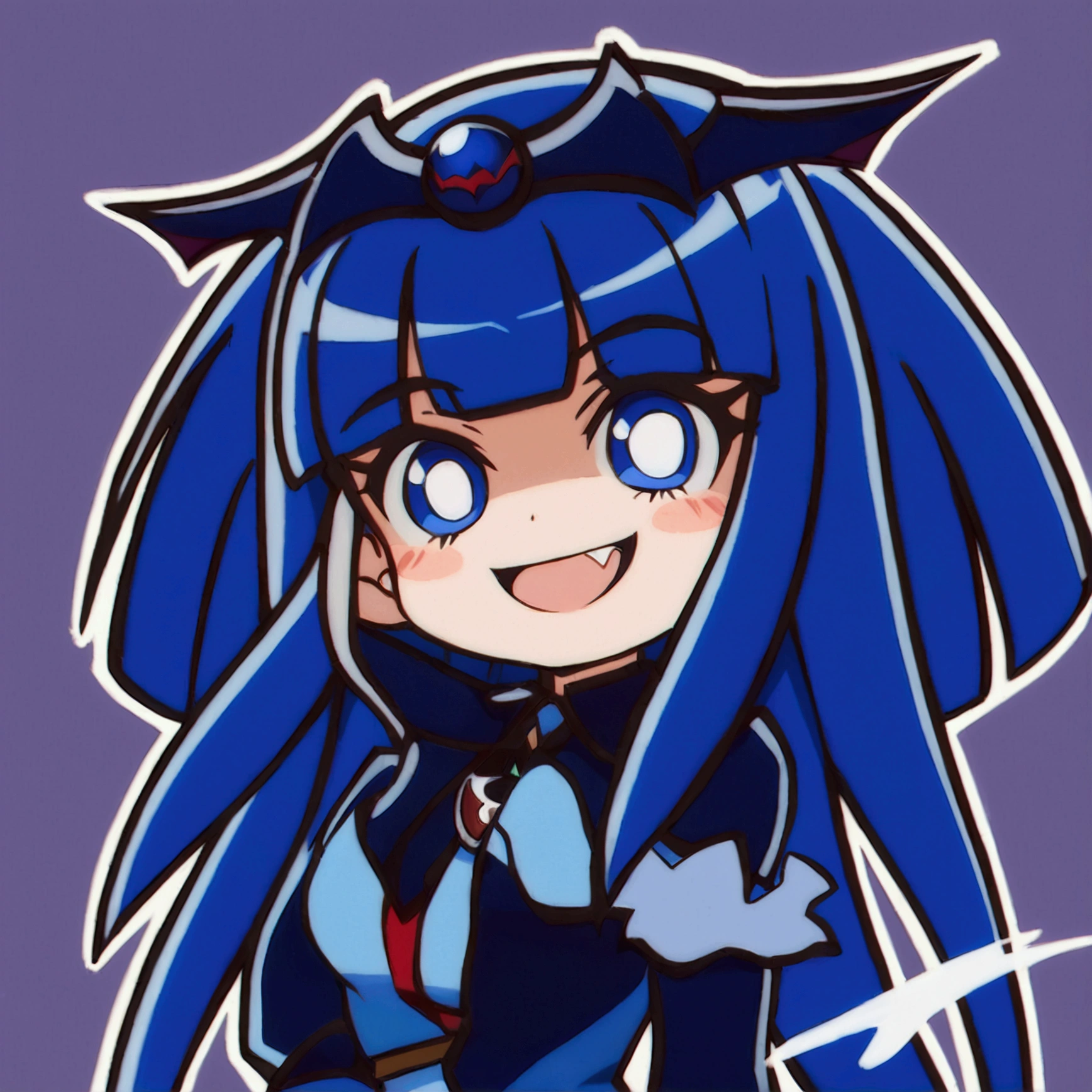 Close-up of a cartoon character with blue hair and blue outfit, anime moe artstyle, 2D anime style, [[[[grinning evilly]]]], , cel - shaded art style, I&#39;ll do fanart too, nasty grin, hero 2d fanart art, chibi, vampire