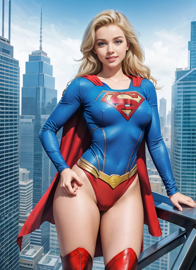 a girl, supergirl, top views, young marilyn monroe as supergirl, blond,long hair,blue eyes,beautiful eyes,smile,expression,lively expressions,detailed facial description,rich in details,blue tight camisole,red s logo on chest, huge breasts, the areola is clear,the are huge,, convexity, bulges,huge , camear,big legs, plump body,red triangle thong,high heel boots。top of a skyscraper,fly in the air,rich in details