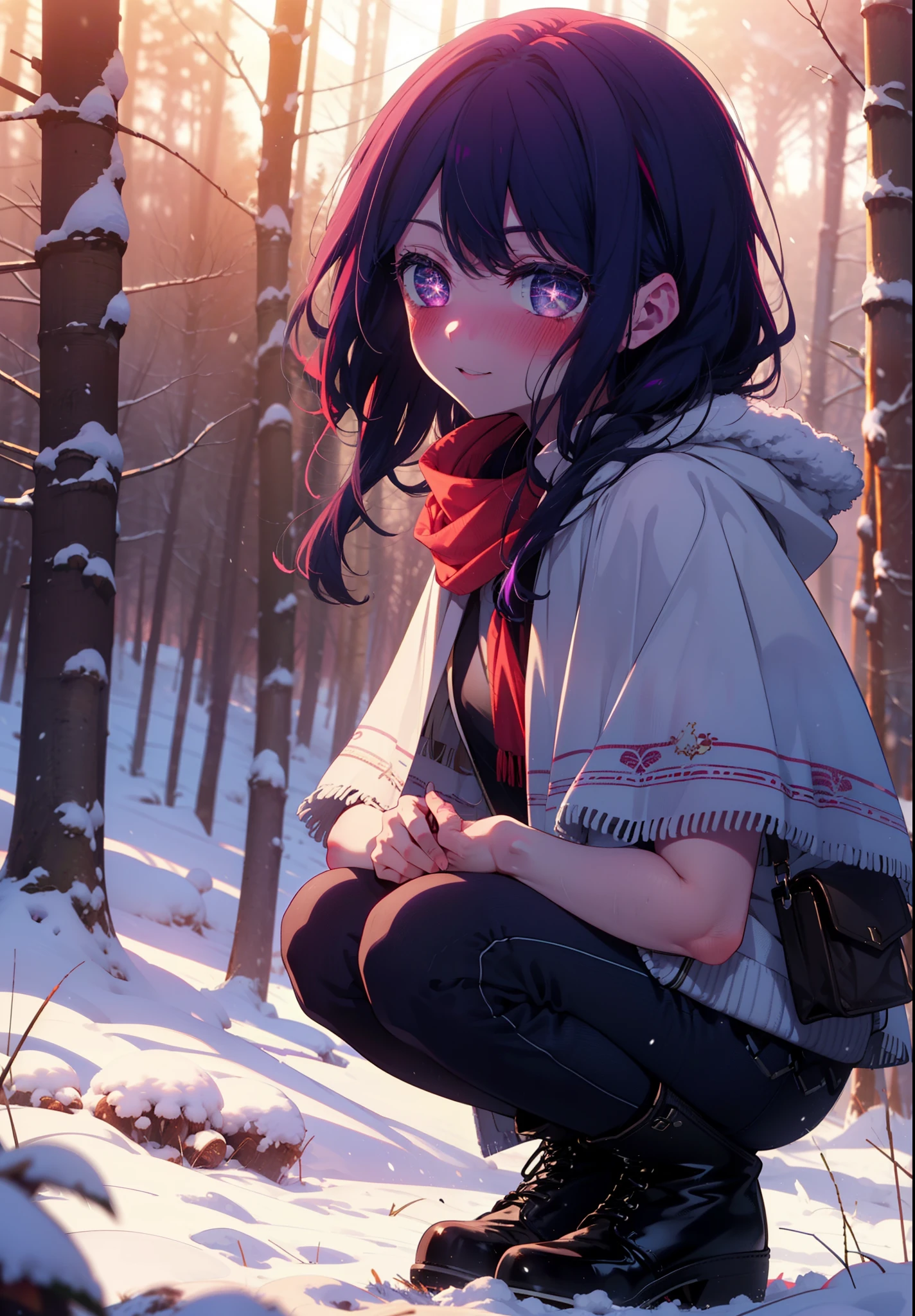 aihoshino, Ai Hoshino, Long Hair, bangs, (Purple eyes:1.1), Purple Hair, (Symbol-shaped pupil:1.5), smile,,smile,blush,White Breath,
Open your mouth,snow,Ground bonfire, Outdoor, boots, snowing, From the side, wood, suitcase, Cape, Blurred, , forest, White handbag, nature, Squat, Mouth closed, Cape, winter, Written boundary depth, Black shoes, red Cape break looking at viewer, Upper Body, whole body, break Outdoor, forest, nature, break (masterpiece:1.2), Highest quality, High resolution, unity 8k wallpaper, (shape:0.8), (Beautiful and beautiful eyes:1.6), Highly detailed face, Perfect lighting, Extremely detailed CG, (Perfect hands, Perfect Anatomy),