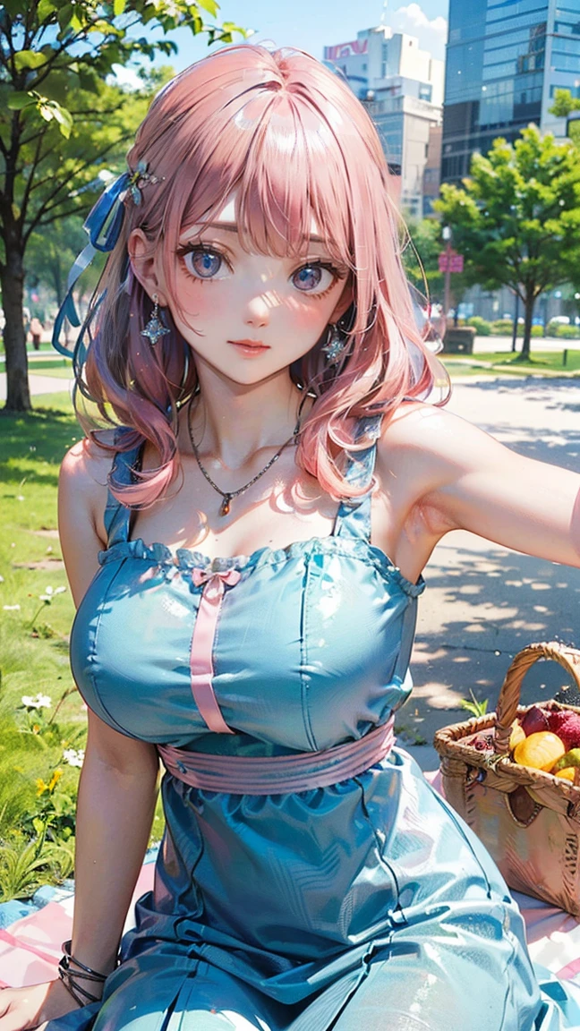 (Masterpiece, BestQuality:1.3), (ultra detailed:1.2), (hyperrealistic:1.3), (RAW photo:1.2), High detail RAW color photo, professional photograph, (Photorealistic:1.4), (realistic:1.4), professional lighting, perfect anatomy, (Big Breasts:1.2), (blush, detailed face), (A happy smile:1.7), Trending Hair&Trending Hairカラーをランダムに, earrings, necklace, bracelet, sexly, erotic sexly, Random sexy gravure poses, (A pink-haired woman wearing a floral summer dress in a tropical garden、flower々Smiling surrounded by。:1.3)