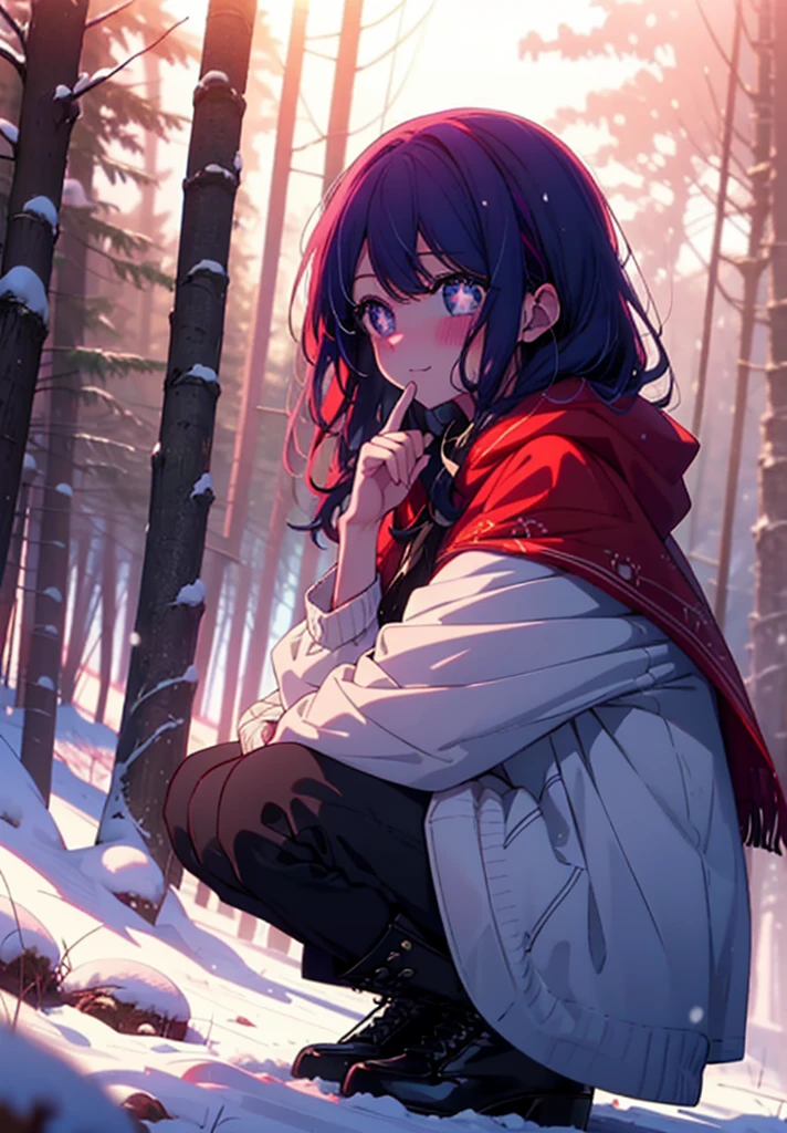 aihoshino, Ai Hoshino, Long Hair, bangs, (Purple eyes:1.1), Purple Hair, (Symbol-shaped pupil:1.5), smile,,smile,blush,White Breath,
Open your mouth,snow,Ground bonfire, Outdoor, boots, snowing, From the side, wood, suitcase, Cape, Blurred, , forest, White handbag, nature, Squat, Mouth closed, Cape, winter, Written boundary depth, Black shoes, red Cape break looking at viewer, Upper Body, whole body, break Outdoor, forest, nature, break (masterpiece:1.2), Highest quality, High resolution, unity 8k wallpaper, (shape:0.8), (Beautiful and beautiful eyes:1.6), Highly detailed face, Perfect lighting, Extremely detailed CG, (Perfect hands, Perfect Anatomy),