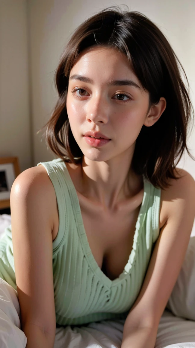 A girl with shoulder length straight short black hair, wearing a hospital gown, slimlying,thin, on a hospital bed, tears, close-up of her upper body, background: hospital