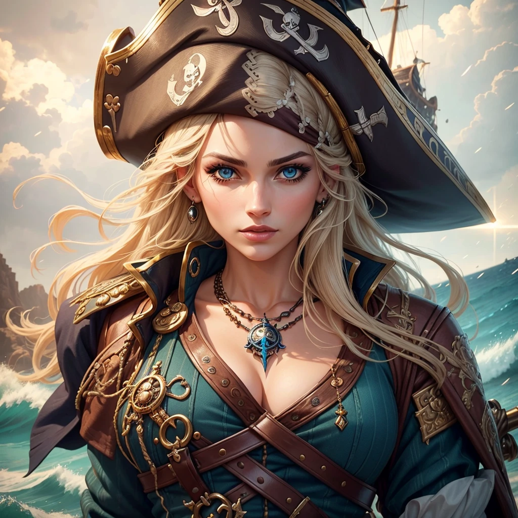 beautiful female pirate with hat, pirate captain, detailed face, beautiful eyes, full lips, long eyelashes, ornate pirate hat, feather in hat, intricate pirate outfit, embroidered coat, shiny jewelry, holding sword, stormy sea background, dramatic lighting, cinematic, vibrant colors, highly detailed, photorealistic