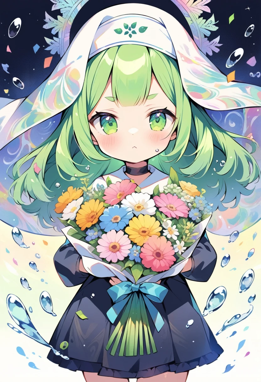 (:1.4),(little female child:1.4), cute face, 6 yeaii, (highlight on eyes:1.1), small breast, (jiggly:0.8), shiny skin,(mini girl:1.5),
BREAK
(green maro eyebrows:1.2), :<, (jitome:1.1),pouty and slightly grumpy,(medium green hair:1.3),pout,disgusted eyes, green eyes, puffy eyes,
BREAK
breathtalking Scenery, breathtalking Beauty, breathtalking Cute,scenery, (best quality, masterpiece:1.2), (ultra high quality:1.2),smooth soft skin, natural skin,watercolor,
BREAK
marbled patterns nun dress, (marbling botanical pattern veil),(marbling angel wings:1.2),marbling (angel halo:1.2),blush,choker,nun,excessive detailed collarbone,
BREAK
(marbling:1.5), marbled patterns,(swirling colors:1.2), abstract art, ink on water, floating water drops,water effect, ink, zentangle,fractal,entangle,swirl,floral pattern,
BREAK
flower bouquet, (digits behind bouquet:1.3), (hands behind bouquet:1.3),
(holding bouquet:1.1), celebration, Congratulations,confetti, bloom effect,dynamicangle,pastelcolor,upturned eyes,
