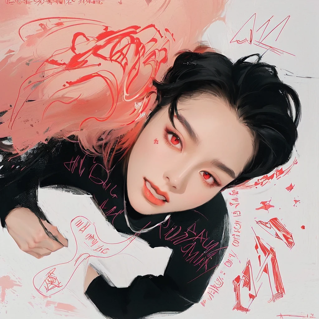 painting of a woman with a black shirt and red eyes, portrait of jossi of blackpink, inspired by Yanjun Cheng, taejune kim, official fanart, portrait of kpop idol, kim doyoung, high quality fanart, inspired by jeonseok lee, inspired by Kim Deuk-sin, jungkook, korean artist, official fan art, nft portrait