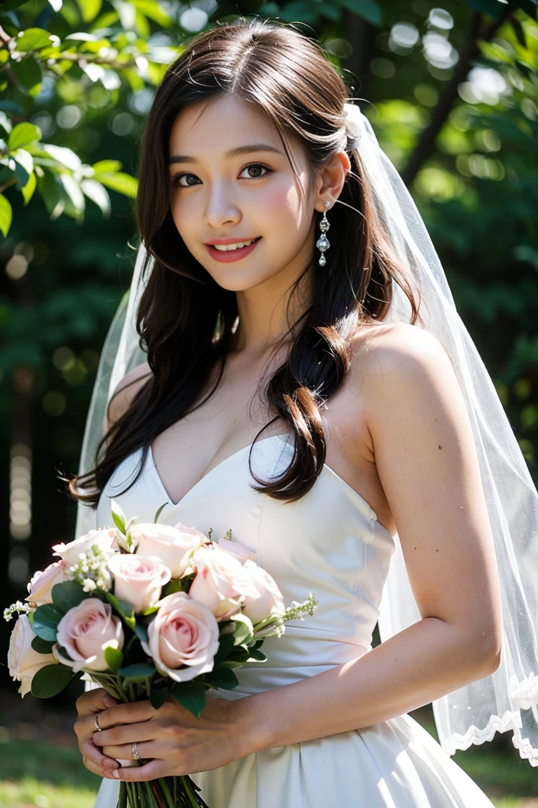 (Highest quality, masterpiece:1.2), (Realistic:1.3),, (ultra-Detailed Background, Detailed Background), Bokeh,, , Gorgeous Prom Dresses, Luxury Prom Dresses, Wedding dress, Bridal Veil, Bridal Gauntlet, Bridal Cascading Bouquet,, Upper Body,, Church wedding,, , One girl, cute, Teen, Pause, smile,, Dynamic Angle, ダイナミックなPause,, , Very long hair