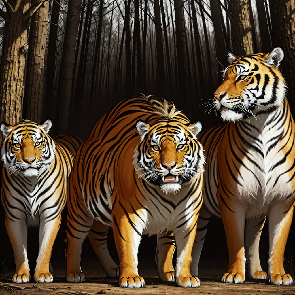 REALISTIC,Various angles of tiger roaring,After unlimited exposure,Overlapping tiger heads form multiple translucent afterimages,Positive view,Secret Forest Land