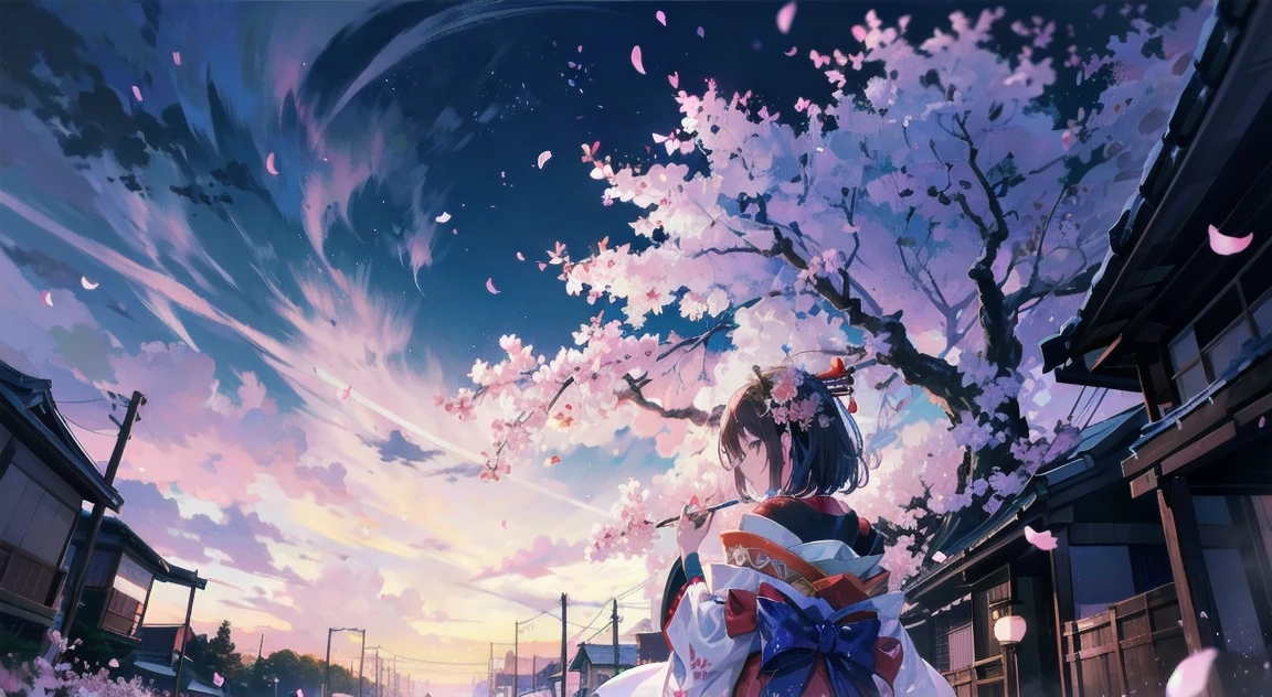 A tranquil Kyoto night under a full moon, where cherry blossoms create a magical snowstorm of petals. Two maiko, dressed in exquisite traditional kimonos, walk gracefully through the ancient streets. The traditional architecture of Kyoto's temples and buildings silhouettes against the moonlit sky. The full-bloom cherry trees line the scene, their petals caught in the wind, swirling and falling like delicate pink snowflakes. The atmosphere is calm and mystical, with soft moonlight illuminating the petals and casting a gentle glow over the landscape. The maiko, with their intricate hairstyles and ornate hairpieces, add a touch of elegance to the serene night.
