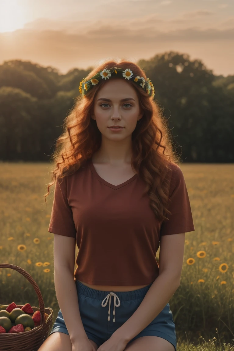 (girl:1.2),alone, (long ginger curly hair:1.1), brown eyes, Wearing a daisy wreath on your head, Sit in a daisy field, (fruit basket:1.1), blue shorts, red shirt,,raw,photographic,photo shadows,actual,Ridiculous,Aesthetic,elegant