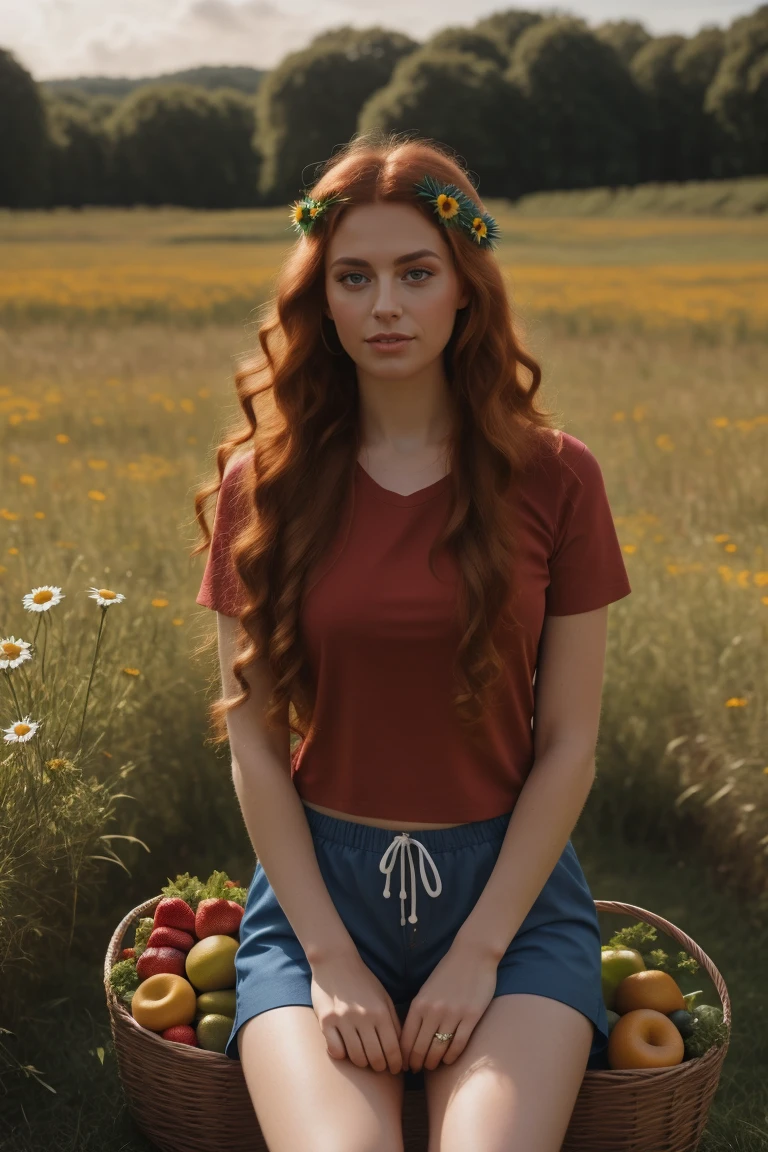 (girl:1.2),alone, (long ginger curly hair:1.1), brown eyes, Wearing a daisy wreath on your head, Sit in a daisy field, (fruit basket:1.1), blue shorts, red shirt,,raw,photographic,photo shadows,actual,Ridiculous,Aesthetic,elegant