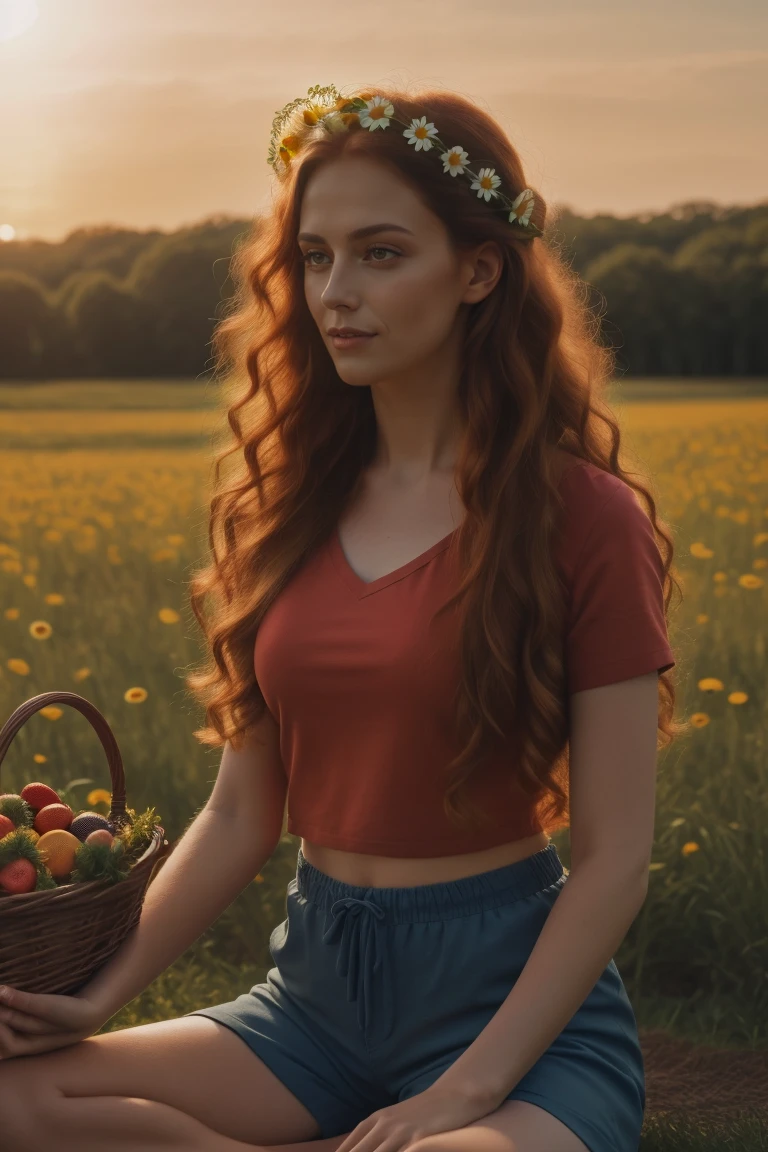 (girl:1.2),alone, (long ginger curly hair:1.1), brown eyes, Wearing a daisy wreath on your head, Sit in a daisy field, (fruit basket:1.1), blue shorts, red shirt,,raw,photographic,photo shadows,actual,Ridiculous,Aesthetic,elegant