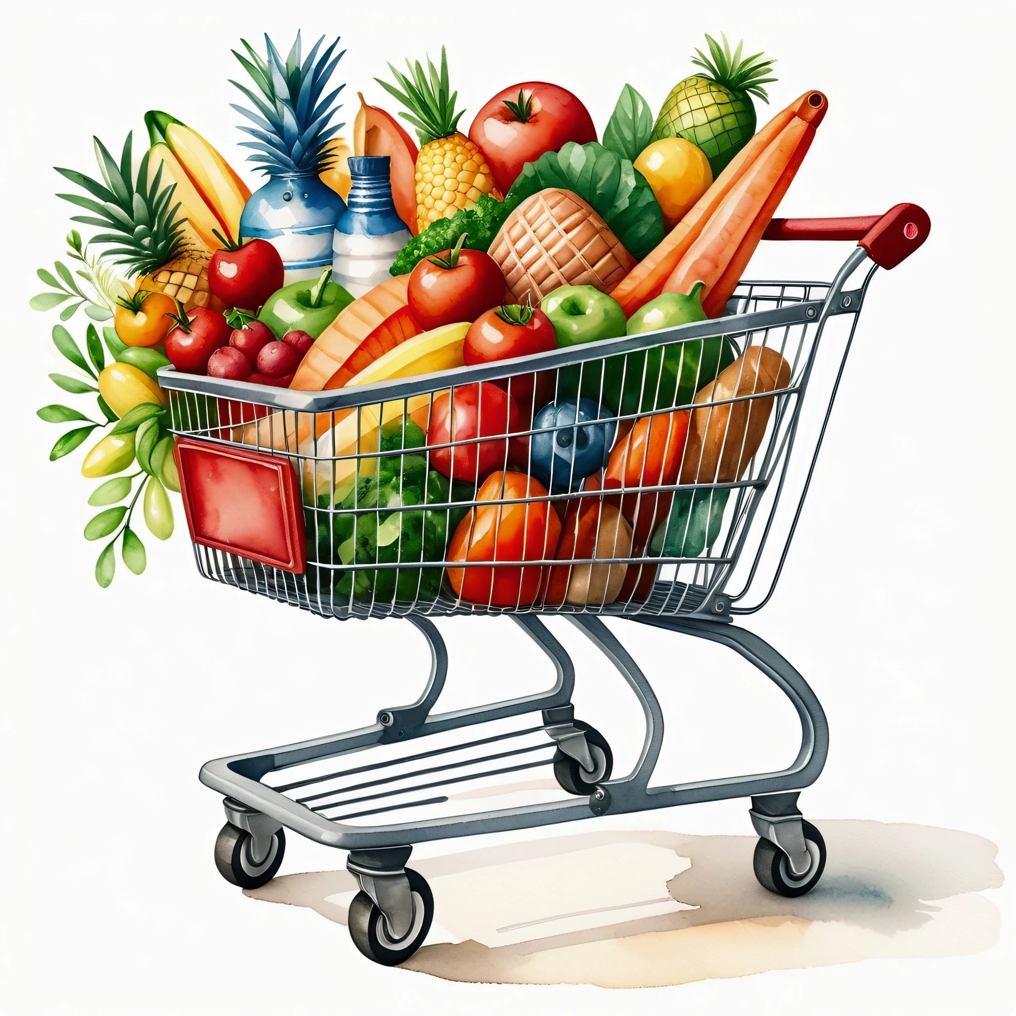 shopping trolley with a lot healthy food, illustration, isolated with solid white background, surrounded with negative space, centered composition, 8k, highest detailed painting, very precise painting, Isolated, clear solid white background, perspective angle of view, cartoon style, ((watercolor:1)), clip art, (lora:add-detail-xl:1)