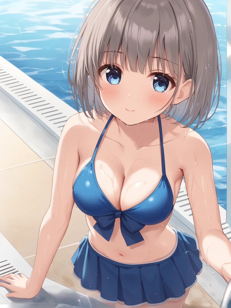 (best quality), ((masterpiece)), (highres), illustration, original, extremely detailed,   yyds, 1girl, solo, watanabe you, breasts, blue eyes, swimsuit, cleavage, bikini, towel, looking at viewer, short hair, medium breasts, blush, blue bikini, wet, poolside, pool, bow, sparkle, wet hair, brown hair, water, blue bow, bikini skirt, collarbone, holding, grey hair, bangs
